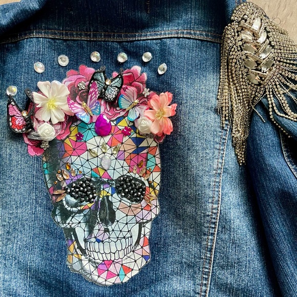 Custom Embellished Jacket with Rhinestone Epaulettes, Skull Design & Flowers - Picture 5 of 11